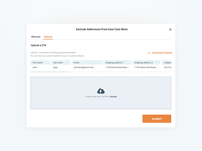 Upload CSV Modal/Popup clean ui csv upload document upload drag and drop file attachment file upload modal model component pop up popup saas ui component upload uploader uploading