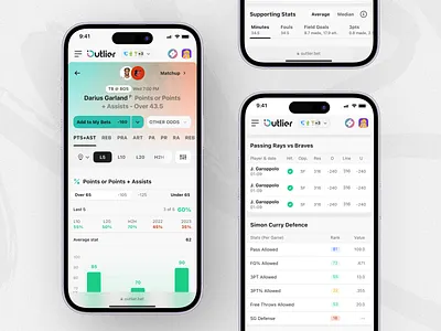 Outlier: Player market details app betting chart clean design desktop interface light market mobile modern neon player profile sports stats ui ux web web design