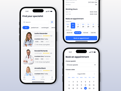 Mobile App for a medical clinic app concept appointment blue booking calendar design doctor healthcare interface medical minimalist mobile app scheduling simple ui white