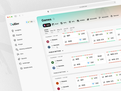 Outlier: Games app bet betting clean design desktop game interface light mobile modern neon product design sport sports ui user interface ux web web design