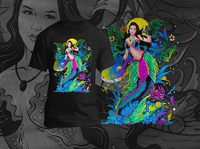 tshirt design beauty mermaid beautiful custom design graphic design illustration man tshirt merch merchdesign mermaid mockup potrait rebel t shirt tee vector women tee