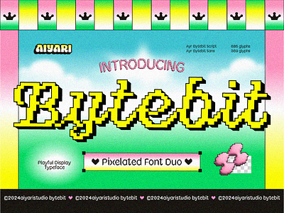 Bytebit Pixelated Font Duo 90s aiyari bold branding bytebit display early computer font duo graphic design open type pixel font pixelated post modern design retro font typeface typography y2k design y2ks font