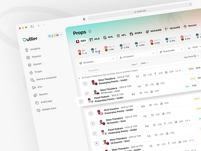 Outlier: Props app bet betting clean design desktop gambling interface light mobile modern neon product design props sports ui user interface ux web web design