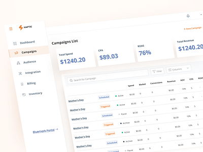 Campaign List campaigns cards clean clickable columns design expandable filters interface list listing logo metrics product design project lists saas table ui ux web