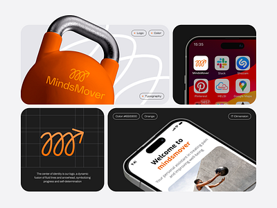 Branding & Visual Identity for Fitness App – MindsMover android brand identity branding fintess branding fitness graphic design icon ios letter mark logo logo design logo mark m mobile orange sport branding style ui ux