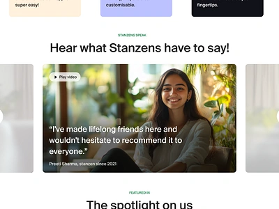 Testimonials section for a redesign for Stanza Living. colors design product design testimonials typography ui website