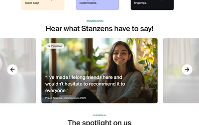 Testimonials section for a redesign for Stanza Living. colors design product design testimonials typography ui website