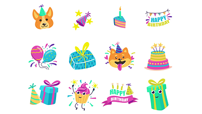 Birthday 2D Icons Stickers Animation 2d 2d icons animation baloons birthday cake cartoon style celebration cupcake dog flat gif gift happy birthday icons motion party party hat party time stickers