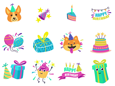 Birthday 2D Icons Stickers Animation 2d 2d icons animation baloons birthday cake cartoon style celebration cupcake dog flat gif gift happy birthday icons motion party party hat party time stickers