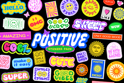 Positive Stickers Pack. Cool Y2k Patches Collage. Pop Art 90s abstract art cartoon collage cool cute funky groovy happy icon pack patch pop positive print retro smile sticker y2k