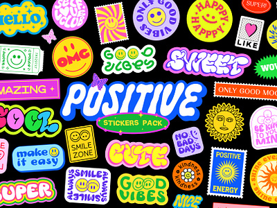 Positive Stickers Pack. Cool Y2k Patches Collage. Pop Art 90s abstract art cartoon collage cool cute funky groovy happy icon pack patch pop positive print retro smile sticker y2k