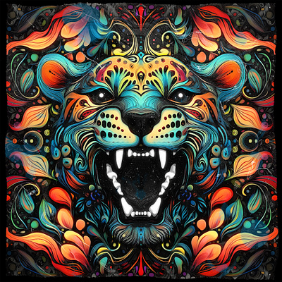 AGGRESSION IV abstract animal art digital drawing face floral head illustration lion nature neon pattern teeth vector