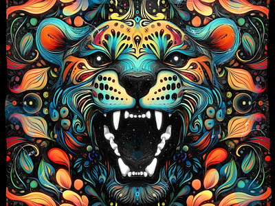 AGGRESSION IV abstract animal art digital drawing face floral head illustration lion nature neon pattern teeth vector