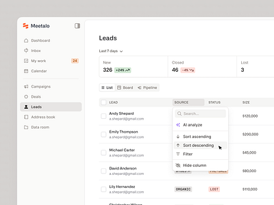 Table column management advanced ai crm dashboard data table dropdown filtering management pipeline process saas settings startup table web design