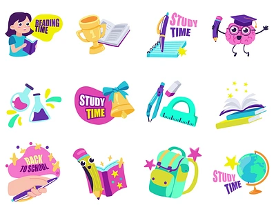 Education 2D Icons Animation 2d animation award back to school books brain chemistry education flat globe icons lesson motion office supplies reading school school bag stickers study study time