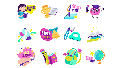 Education 2D Icons Animation 2d animation award back to school books brain chemistry education flat globe icons lesson motion office supplies reading school school bag stickers study study time