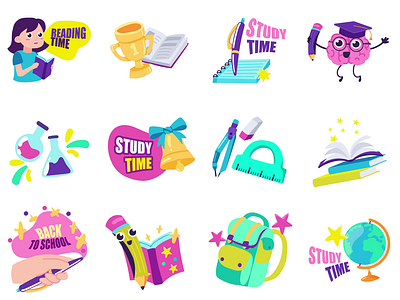 Education 2D Icons Animation 2d animation award back to school books brain chemistry education flat globe icons lesson motion office supplies reading school school bag stickers study study time