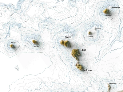 Four maps for a travel magazine : Eolie islands (Italy) 3d map blender cartography eolie geography geospatial illustration italy magazine design map poster poster design qgis shaded relief sicily