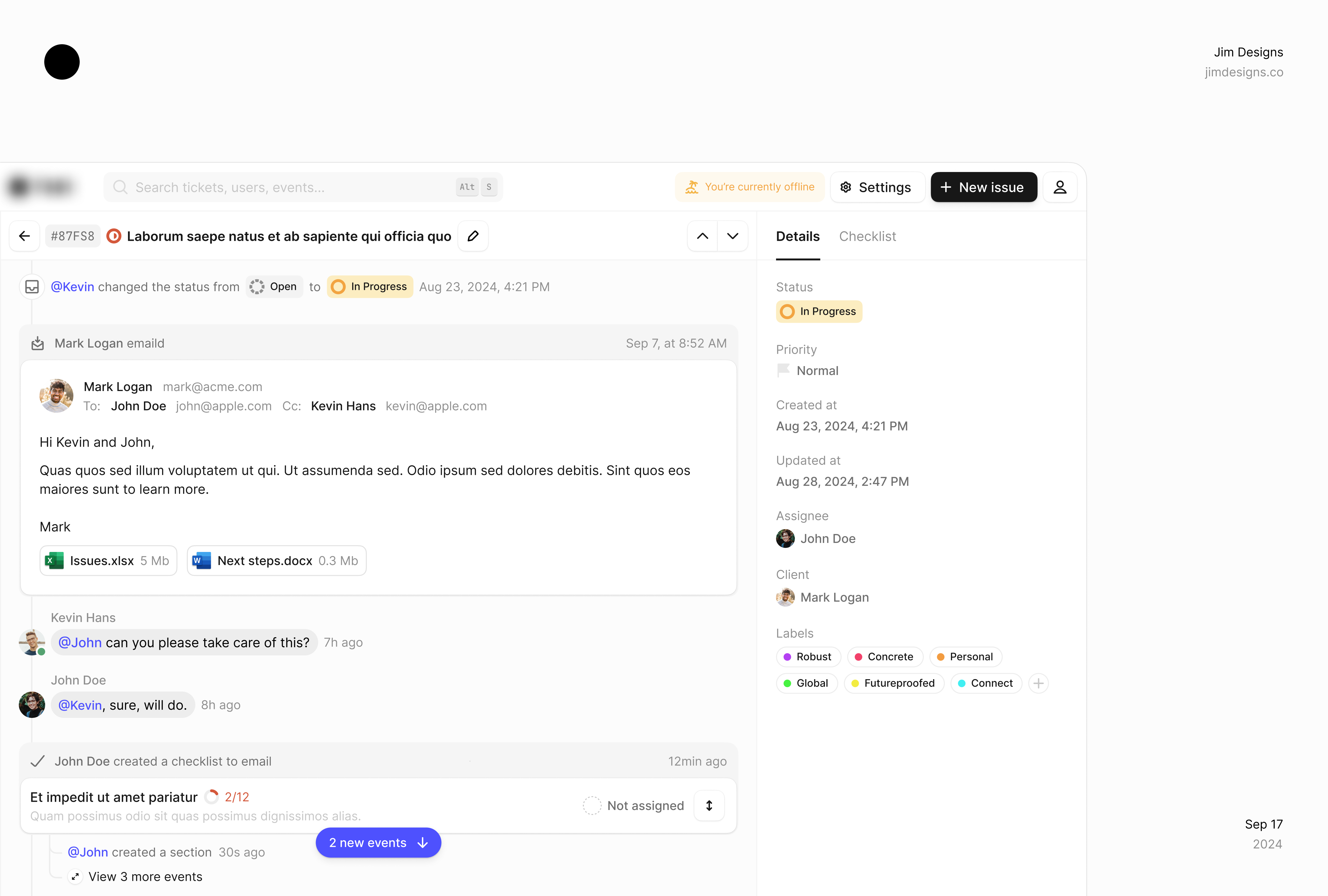 Tickets 🍃 activity activity tracker collaboration emails jimdesigns jimdesigns.co linear product design ticketing ui