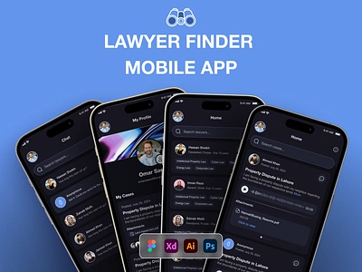 Lawyer Finder - Mobile App advocate android branding criminal dark design figma finder ios lawyer mobile app modren modren design motion graphics ui uiux unique ux