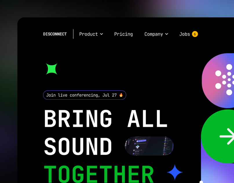 Disconnect - Hero Section Conference App components conference design disconnect hero landingpage promotion typography ui uiux ux website