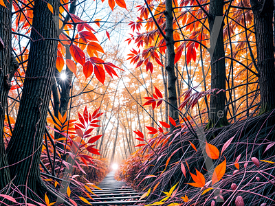 A forest path in autumn, fall yellow and orange leaves artwork awesome colorful design fascinating glamorous illustration synthographic