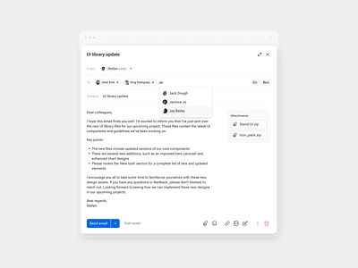 Composing a new email attachment components compose design system email menu new message screen stand ui tags ui ui kit ui library ux web