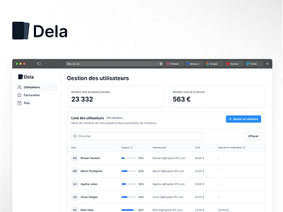 Dela - Users Dashboard design designer figma marketing marseille martin modal navbar paying plan pontegnier pro product saas ui users ux