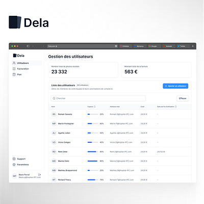 Dela - Users Dashboard design designer figma marketing marseille martin modal navbar paying plan pontegnier pro product saas ui users ux