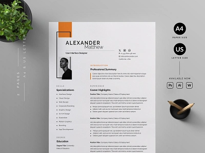 Resume/CV cover letter cv template design illustration professional resume ui us letter vector word