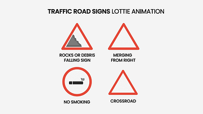 Traffic Road Signs Lottie Animation animation app lottie caution signs crossroad lottie crossroad sign debris falling sign post design illustration lottie animation merging sign post motion graphics no smoking lottie sign posts signalling traffic caution lotties traffic sign post traffic signs ui ux website lottie