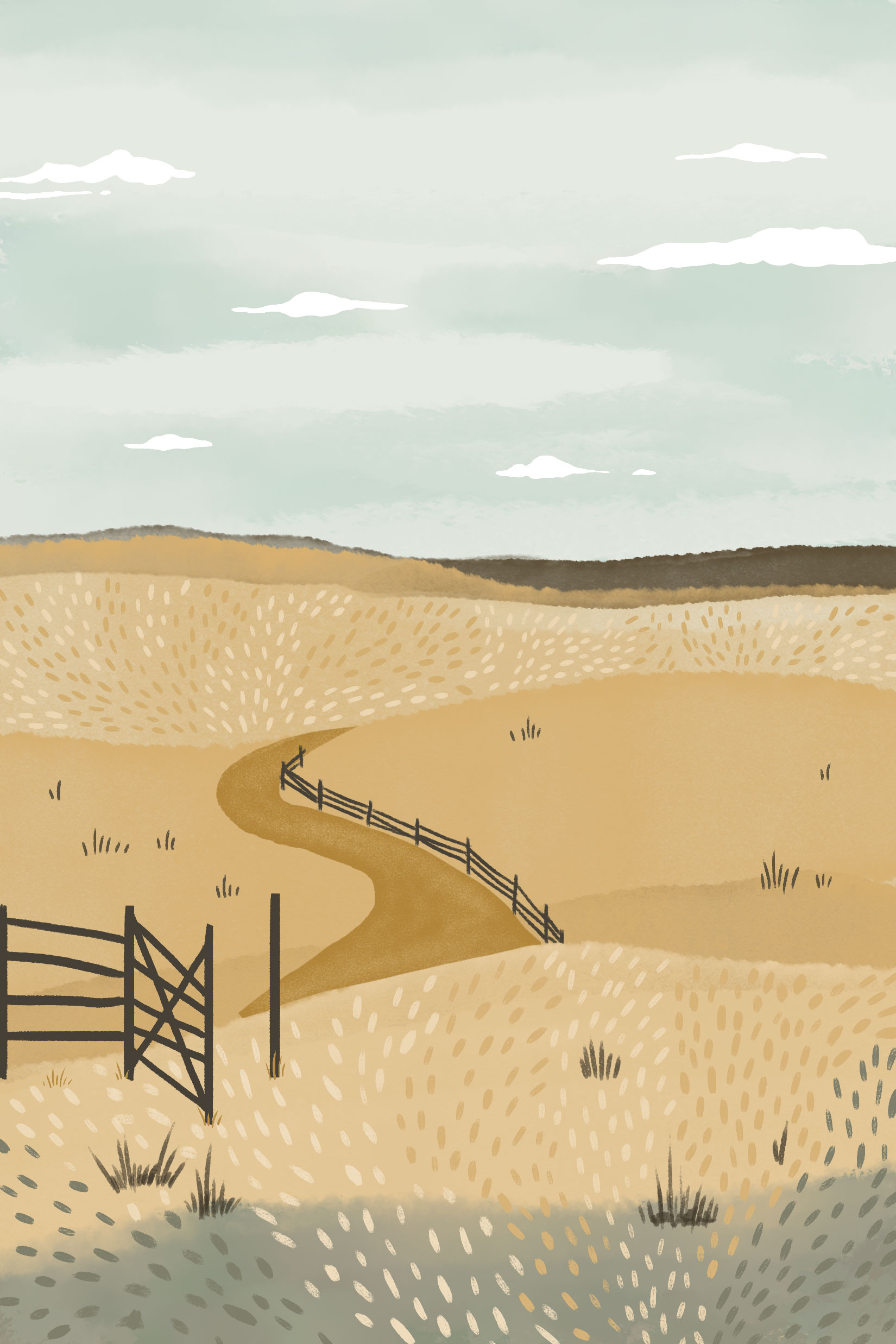Wandering fence field gold graphic design illustration path sky