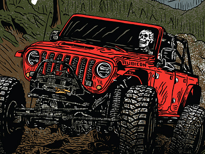 Tom's 4x4 Superstore Jeep Invasion illustration jeep merch design mountains skull texture typography