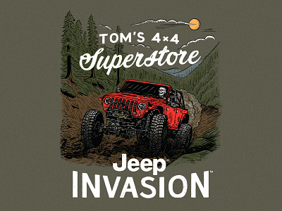 Tom's 4x4 Superstore Jeep Invasion illustration jeep merch design mountains skull texture typography