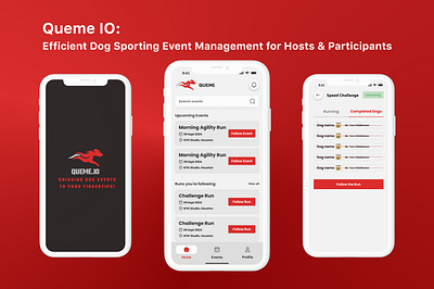 Queme IO: Dog Sporting Event Management app design app event clean and modern ui app designers dog dog apps dog management dog run app dog runner apps event management app graphic design hire designers hire pro designers management app mobile app for dogs queme app ui app for dog ui ux designer ux designer