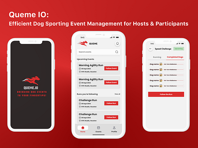 Queme IO: Dog Sporting Event Management app design app event clean and modern ui app designers dog dog apps dog management dog run app dog runner apps event management app graphic design hire designers hire pro designers management app mobile app for dogs queme app ui app for dog ui ux designer ux designer