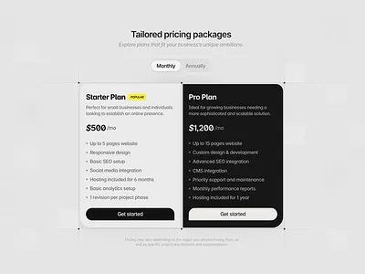 Pricing section agency get started packages plan price pricing pricing section subscription
