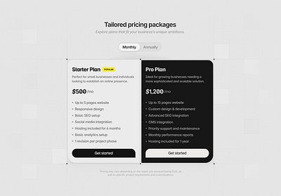 Pricing section agency get started packages plan price pricing pricing section subscription