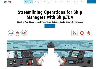 Maritime Tech Service hero image 2d animation captain control flat icons illustration man motion graphics operations people platform sea service ship transactions ui webdesign