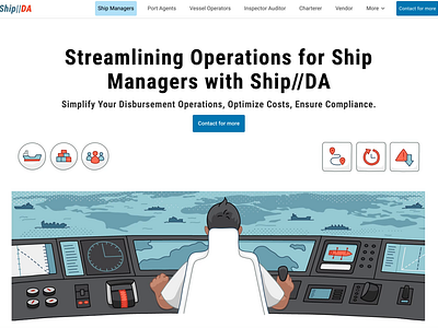 Maritime Tech Service hero image 2d animation captain control flat icons illustration man motion graphics operations people platform sea service ship transactions ui webdesign