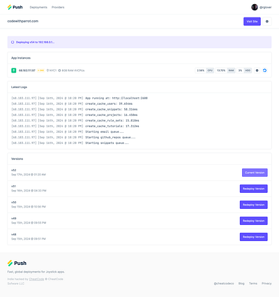 New Push Dashboard dashboard deployment deployments hosting instance logs metrics netlify server servers vercel