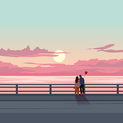 Couple Looking at the sunsets near the ocean - Animation art beack character cloudy couple family illustration looking together love ocean sunset sunsets vector walk