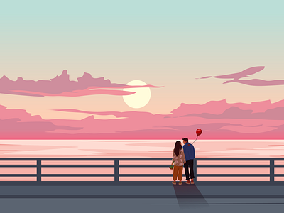 Couple Looking at the sunsets near the ocean - Animation art beack character cloudy couple family illustration looking together love ocean sunset sunsets vector walk