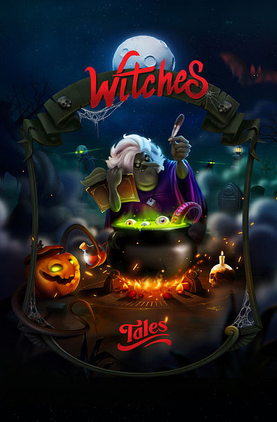 Cover Witches Tales book cauldron character design eyes halloween illustration magic monster night potion skulls spider tentacles tombstones