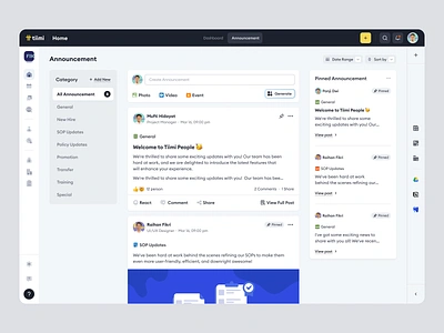 Tiimi - Announcement Feed in a SaaS HR Management System announcement candidate company contract employee feed hiring hr hrd hrm hrs job product design recruitment saas staff team management ui ux web design