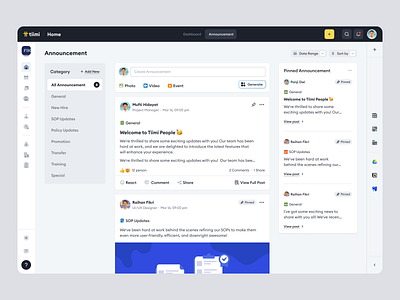 Tiimi - Announcement Feed in a SaaS HR Management System announcement candidate company contract employee feed hiring hr hrd hrm hrs job product design recruitment saas staff team management ui ux web design