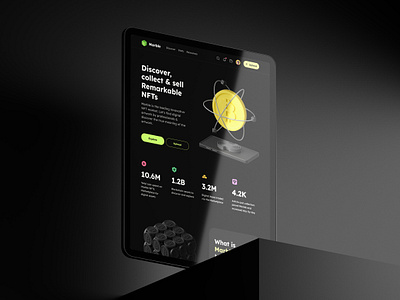 Landing page for NFT marketplace 3d blockchain crypto dark mode hero section landing page metrics nft ui user interface visual design web3