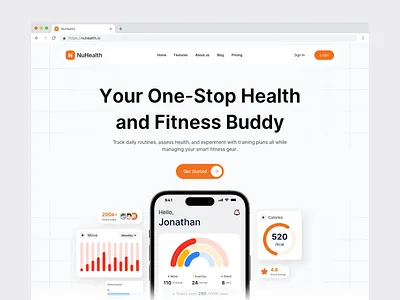 NuHealth - Health and Fitness Buddy Landing clean figma fitness fitness landing framer health health and fitness health and fitness landing health landing page tracker landing uiux web design xenity studio