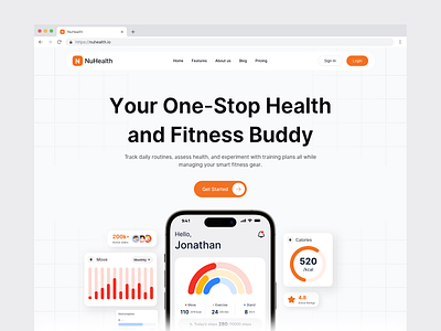 NuHealth - Health and Fitness Buddy Landing clean figma fitness fitness landing framer health health and fitness health and fitness landing health landing page tracker landing uiux web design xenity studio