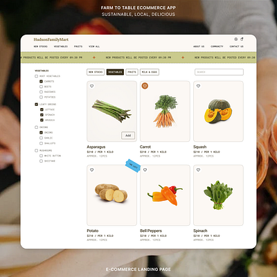 e-commerce website design for farm-to-table organic product branding cards checkout clean design design direction framer graphic design green list market minimalist modern organic product shop ui ux webflow website